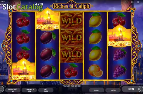 Free Spins Win Screen. Riches of Caliph slot