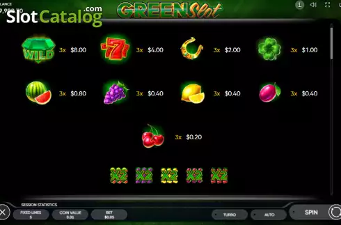 Paytable screen. Green Slot slot