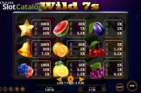 Paytable screen. Wild 7s slot