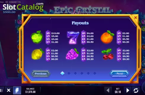 Paytable screen. Epic Crystal Deluxe slot