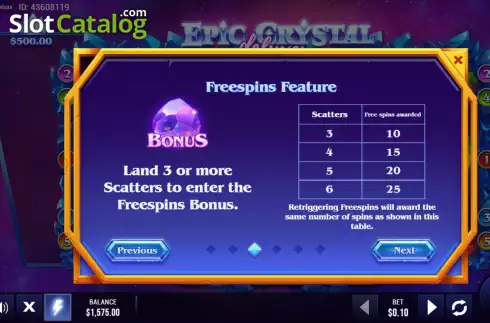 Free Spins feature screen. Epic Crystal Deluxe slot