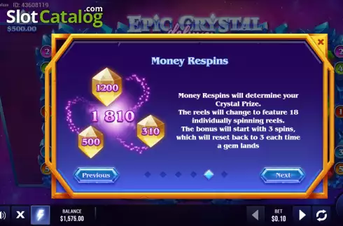 Money Respins screen. Epic Crystal Deluxe slot