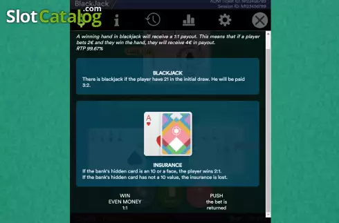 Pay Table screen. BlackJack (Esa Gaming) slot