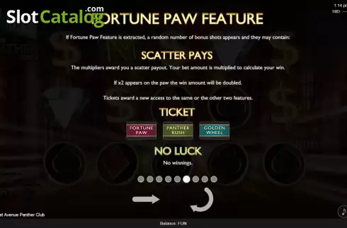 Fortune Paw feature screen. 1st Avenue Panther Club slot