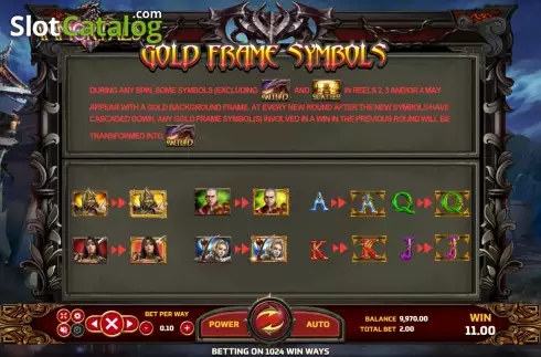 Gold Frame symbols screen. Immortals slot