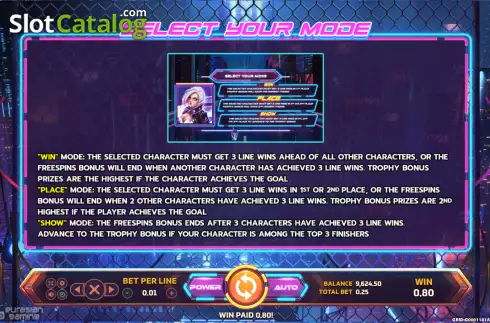 Different modes screen. Cyber Race slot