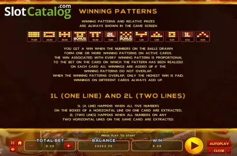 Winning patterns screen. Caishen Riches Bingo slot