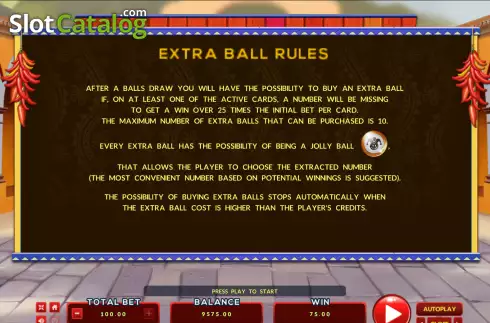 Extra ball rules screen. Chilli Hunter Bingo slot