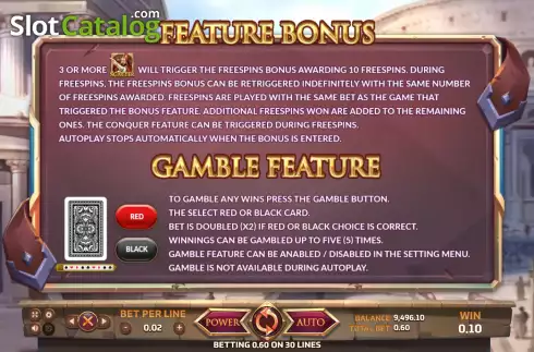 Bonus features screen. Ancient Rome slot