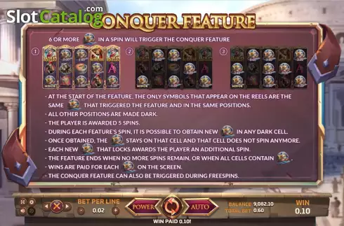 Conquer feature screen. Ancient Rome slot