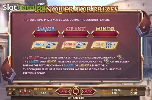 Conquer top prizes screen. Ancient Rome slot