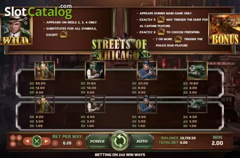 Paytable screen. Streets of Chicago slot