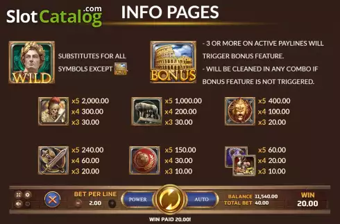 Paytable screen. Roma Legacy slot