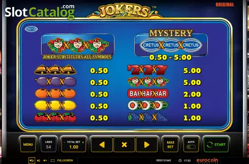 Paytable. Jokers Casino slot