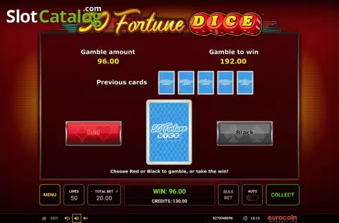 Risk game screen. 50 Fortune Dice slot