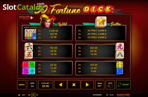 Paytable screen. 50 Fortune Dice slot