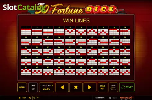 Paylines screen. 50 Fortune Dice slot