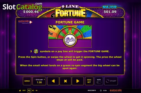 Fortune game screen. 9 Line Fortune slot