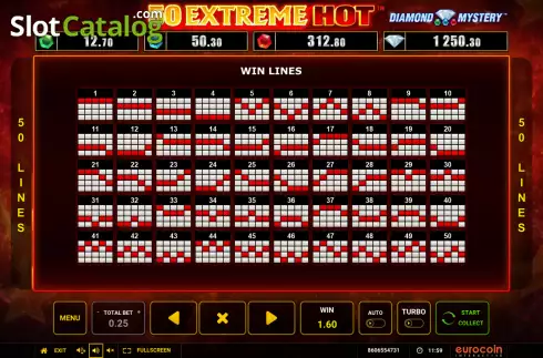 Paylines screen. 50 Extreme Hot slot