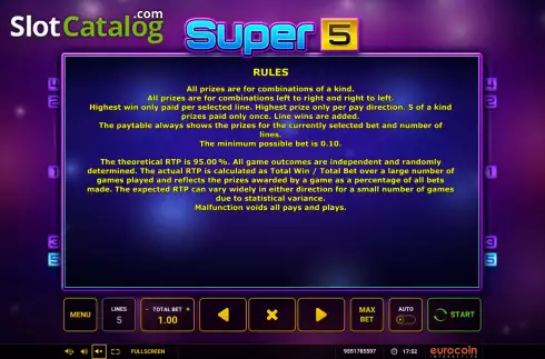 Paytable 3. Super 5 (Eurocoin Interactive) slot