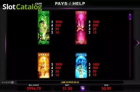 Paytable screen. Wild Pixies (Everi) slot