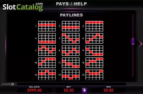Paylines screen. Goddess of the Nile slot