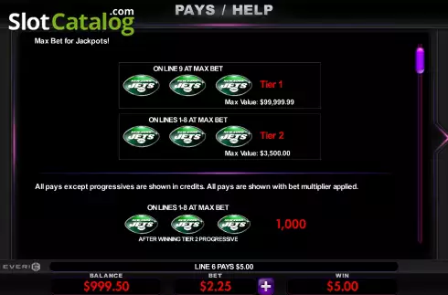 PayTable screen. New York Jets Deluxe slot