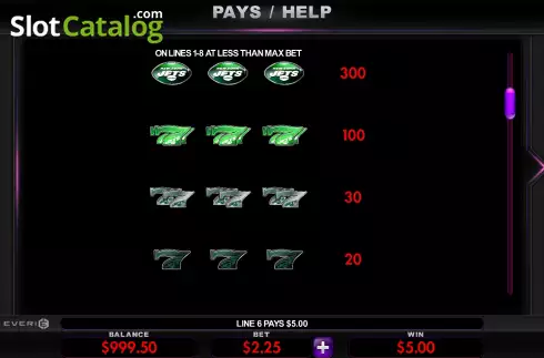 PayTable screen 2. New York Jets Deluxe slot