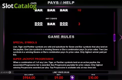 Game Features screen. Super Jackpot Double Lion slot
