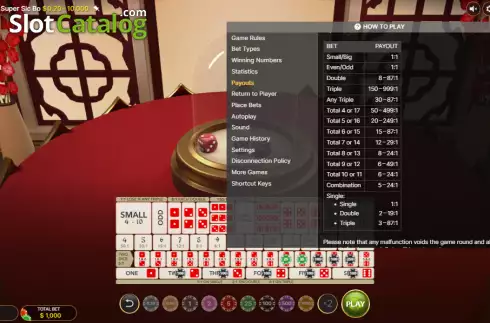 Paytable screen. First Person Super Sic Bo slot
