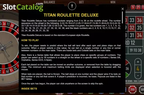 Game Rules screen. Titan Roulette Deluxe slot