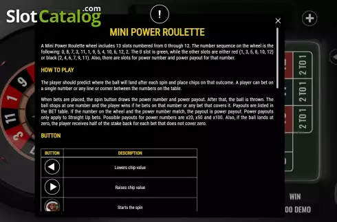 Game Rules screen. Mini Power Roulette slot