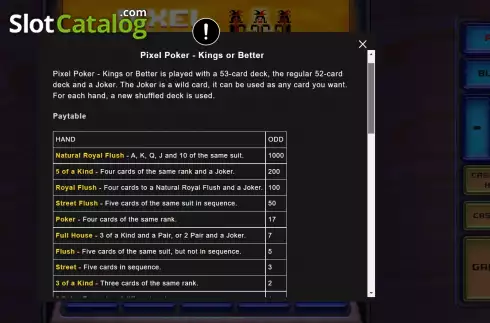 Game Rules screen. Mega Pixel Poker slot
