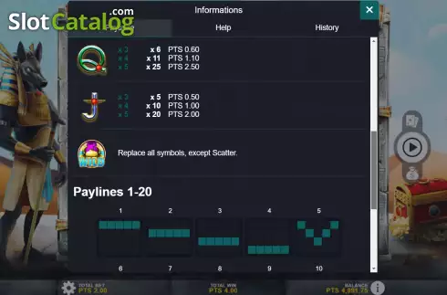 PayTable - PayLines screen. God of Coins slot