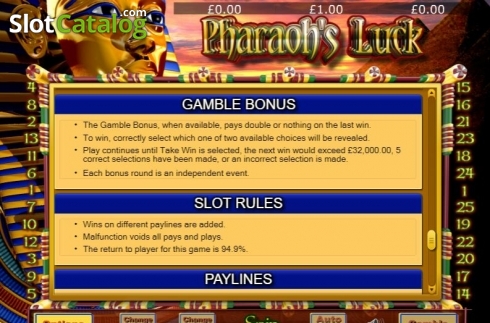 Gamble. Pharaohs Luck slot