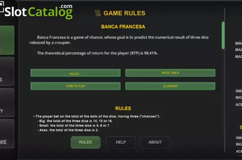 Game Rules screen. Top+Plus Banca Francesa slot