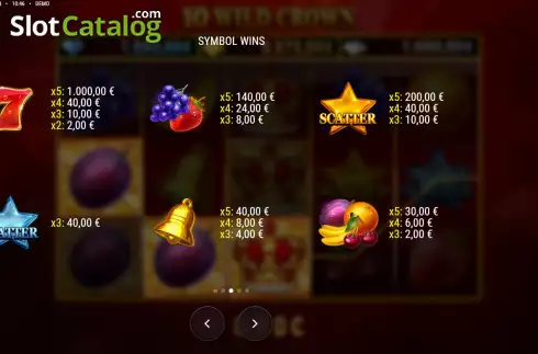 Paytable screen. 10 Wild Crown slot