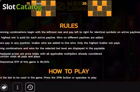 Game Rules screen. 20 Mega Flames slot