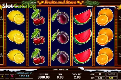 Game screen. Fruits and Stars Christmas slot