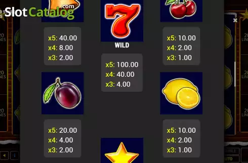 PayTable screen. Fruits and Stars Christmas slot