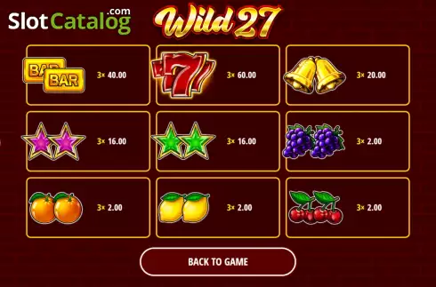 PayTable screen. Wild 27 slot