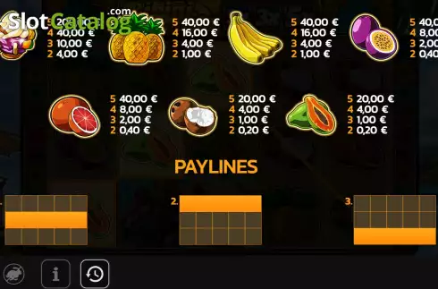PayTable screen. Bikini Fruits slot