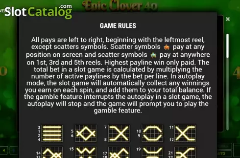 Game Rules - PayLines screen. Epic Clover 40 slot