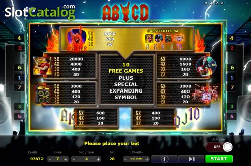 Paytable screen. AB-CD slot