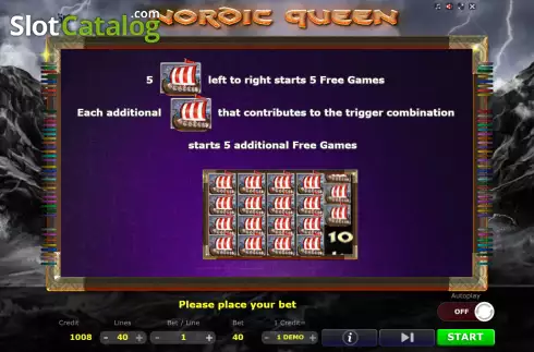 Free Games features screen. Nordic Queen slot