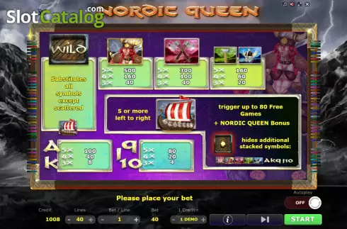 Paytable screen. Nordic Queen slot