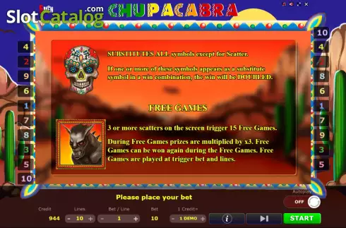 Free Games screen. Chupacabra slot