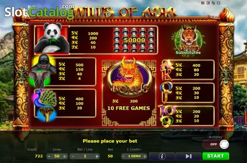 Paytable screen. Wilds of Asia slot