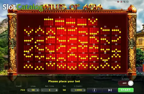 Paylines screen. Wilds of Asia slot
