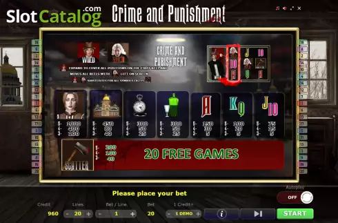 Paytable screen. Crime and Punishment slot